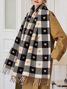 1 pieza Bufanda de mujer de estilo escolar elegante y vintage, con patrón de corazón a cuadros gruesos de imitación de cachemira, cálida y cortavientos, chal con flecos adecuado para cualquier ocasión, de fibra de poliéster a cuadros de dos colores, elegante bufanda de mujer para todas las estaciones - Multicolor - Ver 10