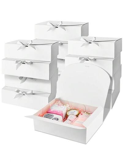 3/5/15PCs Gift Boxes With Lids, White Black 10.6X8X3.2 Inch Gift Boxes, Bridesmaid Proposal Box With Ribbon, Kraft Paper Boxes For Wedding, Packaging, Present, Birthday, Christmas, Party