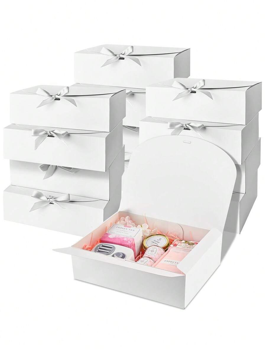 3/5/15PCs Gift Boxes With Lids, White Black 10.6X8X3.2 Inch Gift Boxes, Bridesmaid Proposal Box With Ribbon, Kraft Paper Boxes For Wedding, Packaging, Present, Birthday, Christmas, Party - White - View 1