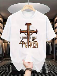 Men'S Christian Faith T-Shirt With "1 Cross 3 Nails 4 Giving" Design - Black & Golden Religious Graphic Tee, Casual Crew Neck Short Sleeve, All-Season Comfort For Church, Casual Attire & Christian Events - Unisex Adult & Youth Sizes Available - 白色 - 查看 1