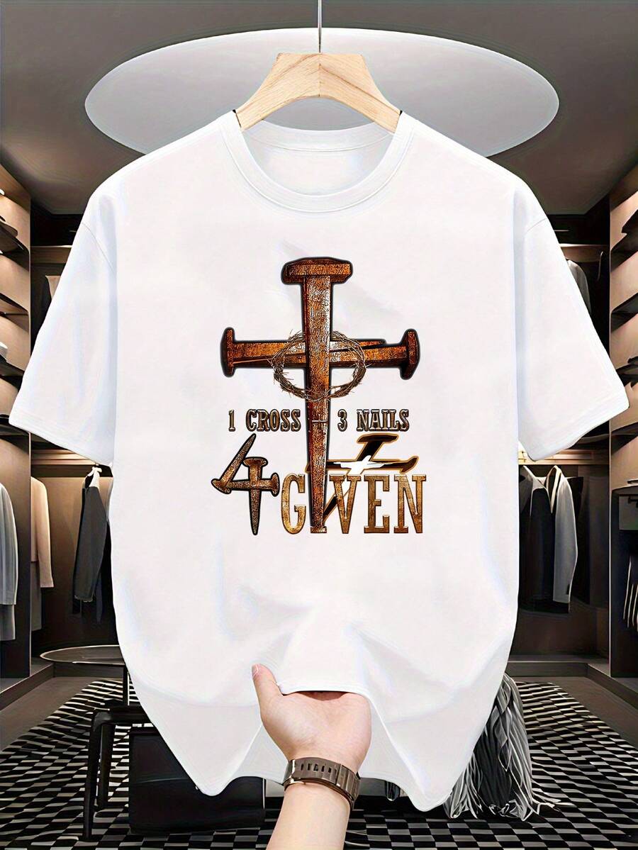 Men'S Christian Faith T-Shirt With "1 Cross 3 Nails 4 Giving" Design - Black & Golden Religious Graphic Tee, Casual Crew Neck Short Sleeve, All-Season Comfort For Church, Casual Attire & Christian Events - Unisex Adult & Youth Sizes Available - 白色 - 查看 1