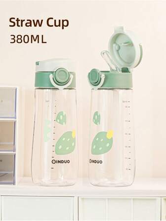 1pc 380ML Strawberry Pattern Kids Straw Cup, Cute Student Water Bottle, Tritan Material, Leak-Proof Lock, Anti-Drop, Transparent With Round Handle, Suitable For 6+ Months Babies At Home, Outdoor, Kindergarten, School, Holiday Gift