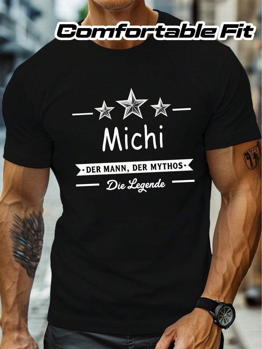 Men's Lightweight Crew Neck T-Shirt - German Legend Michi Graphic Tee, Light Grey Casual Summer Shirt For Everyday & Formal Wear - Breathable Everyday Essential, Comfortable Fit Shirt, Minimalist Design, Soft Fabric, Adult Clothing - Black - View 1