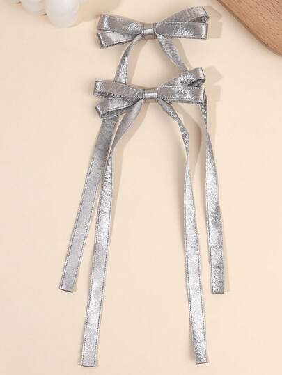 2pcs Gold Silver Bow Hair Clips For Girls,Glitter Long Tail Hair Bows Clips For Kids,Fashion New YearHair Accessories For Toddlers New Year Party Gifts
