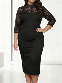 HOMEYEE Vintage Lace Patchwork Stand Collar 3/4 Sleeve Bodycon Dress, Elegant Office Lady Business Casual Wear, Plus Size Black Summer - 黑色 - 查看 9
