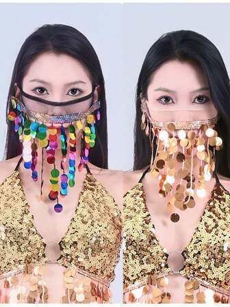 스팽글 태슬 장식 메시 페이스 마스크 파티 댄스 공연 스타일링 베일 다채로운/골드 스테이지 의상 액세서리 (다양한 색상 사용 가능)