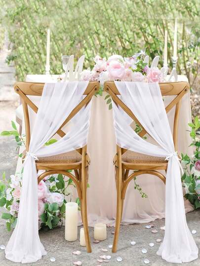 10pcs Romantic White Shimmering Chiffon Wedding Chair Sash Bows, Gauze Chair Sash Ties, Sheer Tulle Chair Drapes, Aisle Chair Decoration For Wedding Reception, Hotel, Baby Bridal Shower, Church, Party, Banquet, Outdoor Event, Valentine's Day, Birthday, Home Gathering, Photography Prop