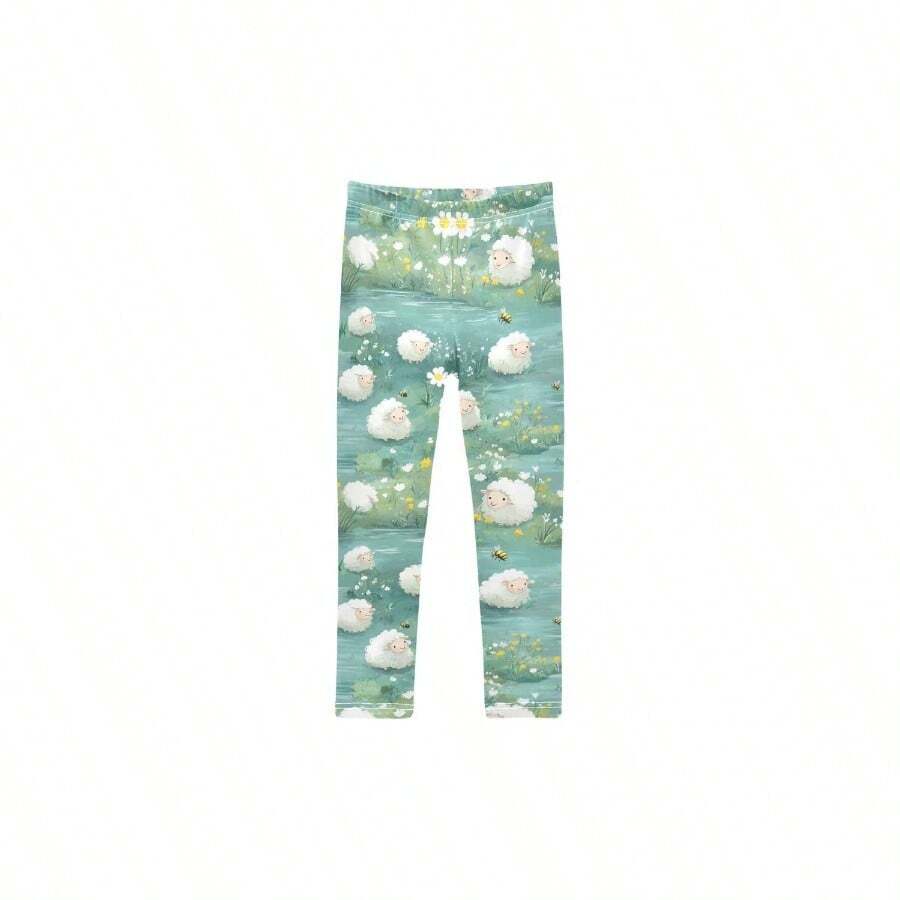 - Leggings elsticos para nias pequeas con diseo de ovejas y ro de dibujos animados, para actividades diarias de nios pequeos, talla 4T - 6 Años - Ver 1