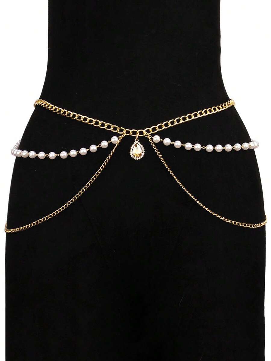 1件女士时尚简约多层金色金属腰链，百搭配饰，可搭配连衣裙，珍珠链身体链 - 金色 - 查看 1