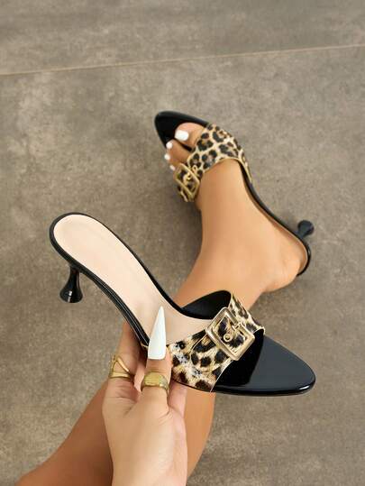 Women's Elegant Metallic Front Button Adjustable Wide Strap High-End Mirror Leopard Print Delicate Snake Skin Texture Sexy Peep Toe High Heel Sandals, Vintage Chic Round Toe Comfortable Kitten Heel, Suitable For Parties, Casual, Outdoor, Travel, Holidays, Gifts
