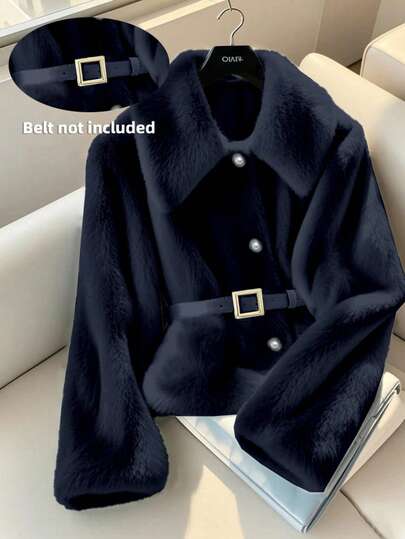 新款纯色毛绒翻领纽扣前襟女式外套，优雅可爱，适合外出、聚会、旅行、通勤、办公、约会、日常穿着，也可作为圣诞节、万圣节服装穿着（不含腰带）