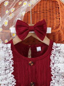 Baby Girl White Lace Ruffle Green Sleeveless Dress + Headband - Burgundy - View 3