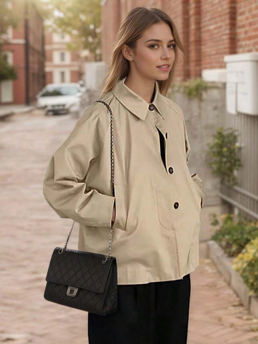 Women's Khaki Lapel Short Windbreaker Jacket & Fashionable Blouse & Versatile Slimming Top, Autumn