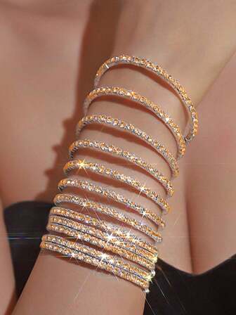 12pcs Sparkling Crystal Elastic Bracelet Set, Suitable For Party, Wedding Wear, Bridal Accessories
