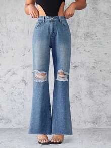 Jeans anchos de cintura alta con rotos - Prenda de moda casual y moderna - Azul - Ver 3