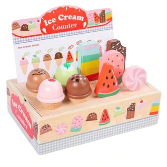 1 Set Children's Wooden Realistic Food Toys, Ice Cream Shop Playset, Kids Role Play Game, Parent-Child Interaction, Family Gathering Educational Toys, Gift For Children