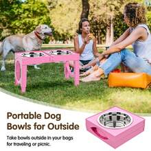 带两个1升不锈钢碗的增高狗碗，狗粮水碗架 - 4种高度可调（9英寸/11英寸/12英寸/14英寸），防滑可折叠宠物喂食器，适用于大、中、小型犬和猫，灰色/粉色