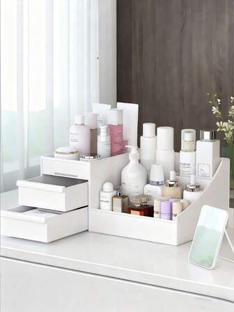 Stor förvaringslåda med flera fack, 6 fack och 2 lådor, för sminkborstar, kontorsmaterial, smink, läppstift, lotioner, ögonskuggor, nagellack, glasögon och smycken - perfekt för kontor, byrå eller arbetsrum. Multifunktionell pennhållare, anteckningsblock och pennfodral, sovrumsbord och lådförvaring.