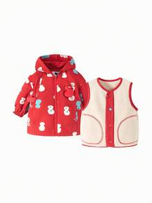 mini bala 3-In-1 Baby Girl Soft Shell Anti-Static Hooded Jacket With Gourd Pattern, Matching Vest Set, Winter & New Year - White and Red - View 1