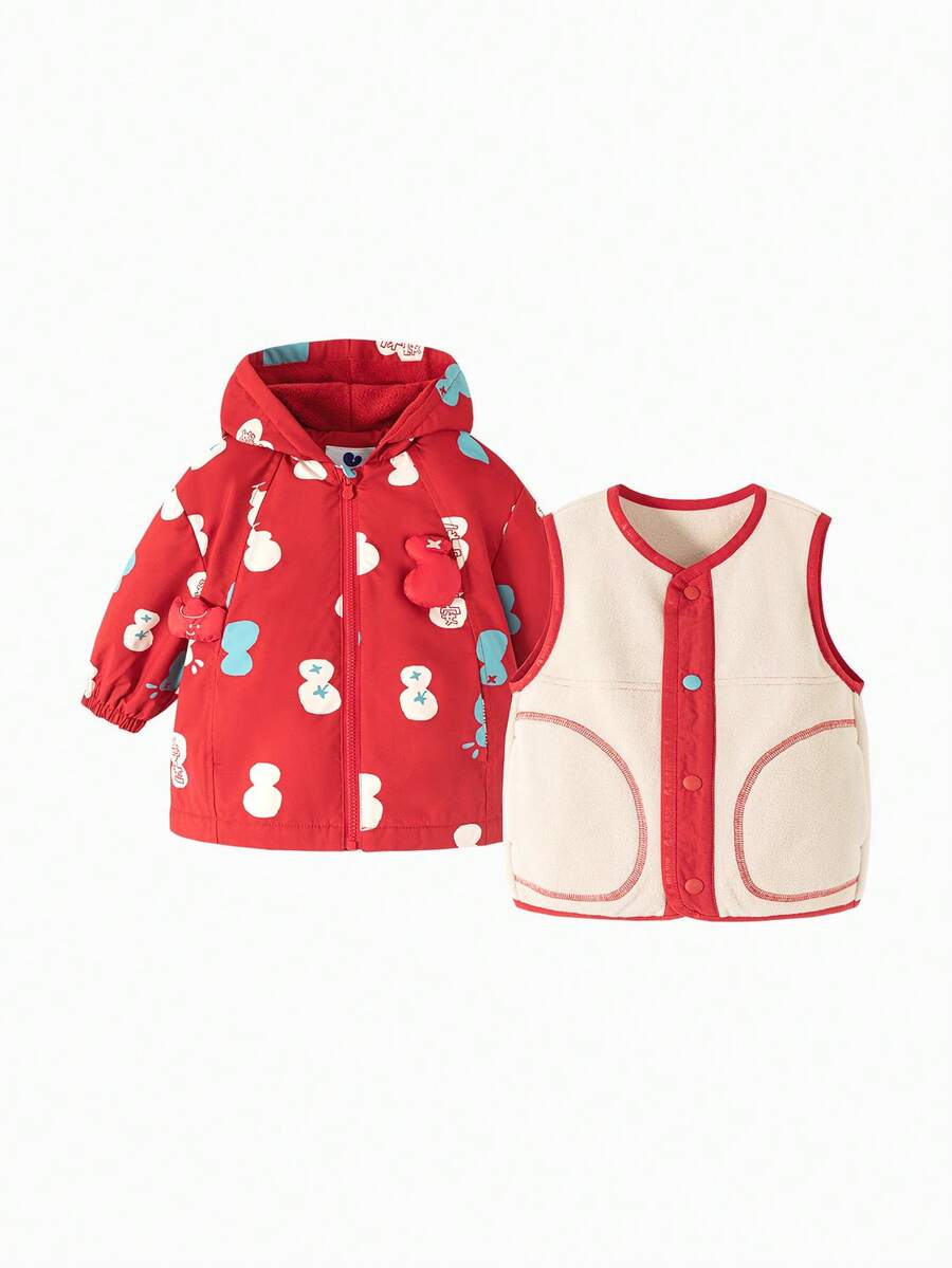 mini bala 3-In-1 Baby Girl Soft Shell Anti-Static Hooded Jacket With Gourd Pattern, Matching Vest Set, Winter & New Year - White and Red - View 1