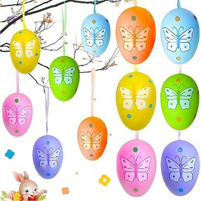 12pcs Easter Egg Ornaments - Colorful Plastic Decorative Eggs With Hanging Strings, Suitable For Easter Tree Decoration, Spring Festival Party Supplies, DIY Crafted Eggs (For Home/School Decor), Easter Basket Fillers, Indoor/Outdoor Easter Decoration, Lightweight And Festive Hanging Ornaments For Spring Celebrations.