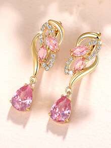 1 Pair Teardrop Pink Birthstone Earrings, Elegant & Luxurious - Gold-powder - View 2