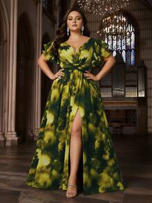 Plus Size Floral Chiffon Formal Party Dress, Deep V-Neck Ruffle Sleeve High Slit Maxi Gown - Green - View 2