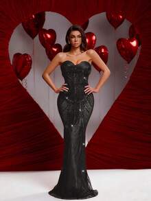 新款性感修身优雅黑色亮片连衣裙，适合鸡尾酒会、度假、嘉年华、毕业典礼、红毯、音乐节、生日及其他正式场合，如婚礼、春季等。 - 黑色 - 查看 4