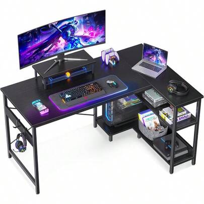 L Shaped Computer Desk With Reversible Storage Shelves 118 * 80 * 86.4cm Corner Desk With Monitor StandandHeadphone Hook Home Office Desk Modern Simple Writing Table Black