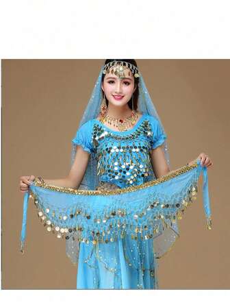 3-Layer Chiffon Wavy Coin Waist Chain, Belly Dance Hip Scarf