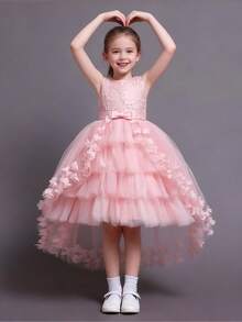 Girls Rainbow Tutu Dress, Princess Dress, Flower Girl Dress For Performance, Girls Trailing Cake Dress For Special Occasions - Pink - View 2