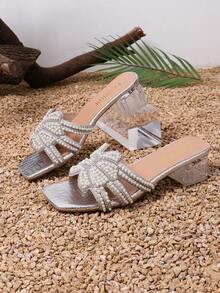 1 Pair Silver Soft PU Teenage Girls' Hollow Strap Bow Rhinestone Slip-On Transparent Chunky Heel Sandals, Square Toe, Simple & Elegant Design, Suitable For Teens, Daily, Party, School, Commute, Travel, Spring/Summer - Silver - View 4