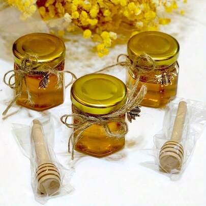 1.5oz Hexagon Mini Glass Honey Jars - 1 Set, 5 Sets, 10 Sets, 30 Sets, Honey Glass Jars With Wooden Dipper, Gold Lid, Thank You Card And Burlap Twine, Ideal For Baby Shower, Wedding And Party Favors