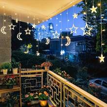 1 قطعة إضاءة ستارة LED بطارية بطول 3.5 متر و120 مصباح، مزينة بنجوم كبيرة وصغيرة وقمر، تعمل ببطاريات AA ثلاث بطاريات (البطاريات غير مشمولة)، بإضاءة ثابتة ووميض، مناسبة لحفلات عيد الميلاد والستائر الداخلية والغرف والأشجار والحفلات وديكورات أعياد الميلاد والمناسبات الأخرى