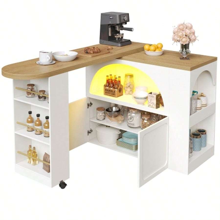 Ausziehbarer Bartisch Mit Stauraum(135-205*39*100cm) , Moderner Beweglicher Bar Table, Teleskopischer Bartisch Mit LED Hochtisch Kücheninsel, Gewölbtes Türdesign, Schwarz - White - View 1