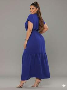 Women's Long V-Neck Dress With Elastic Waistband - Comfortable, Elegant, , End-Of-Year Style, Basic, Classic, Minimalist, Sexy - 寶藍色 - 查看 3