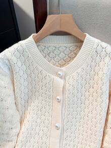 JIANHU Spring New Faux Pearl Button Hollow Knitted Cardigan, Fashionable Lace Splice Hem Design, Sweet And Elegant Long Sleeve Sweater Jacket