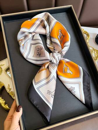 1pc Fashion New Style Plaid Horse Print Small Square Scarf, Women Silk Neckerchief, Professional Neck Wrap, Shawl Head Scarf