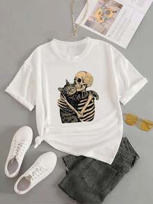 Camiseta de manga corta para mujer,Blusas para mujer, tops de mujer, playeras de mujer algodón, blusas casuales para dama con calavera y gato, blusas negras. - Blanco - Ver 4