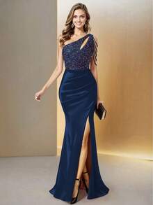 HOMEYEE Autumn/Winter Fashion Sexy Asymmetrical Shoulder Hollow-Out Sequin Patchwork Stretch Satin Elegant Luxurious Formal Evening Gown, Cocktail Party Dress, Wedding Guest Dress For Ladies