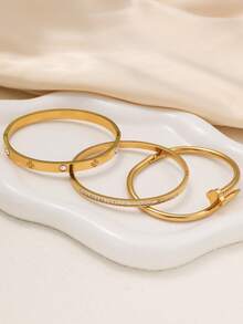 Elegant Shiny Fashion Single Row Rhinestone Stainless Steel Bracelet For Women, Suitable For Daily Wear And As Gift For Friends - Yellow Gold - View 6