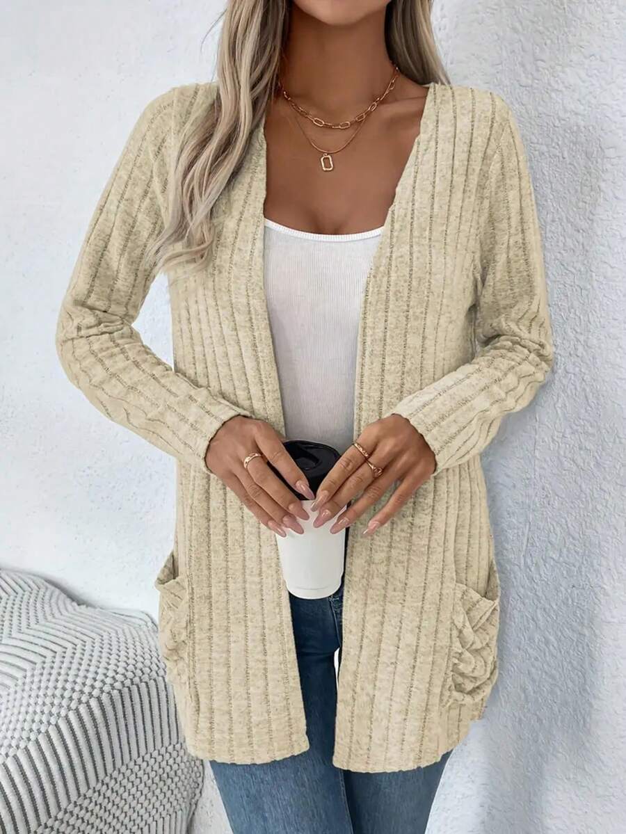 Women's Solid Color Ribbed Brushed Pocket Cardigan Jacket, Long Sleeve, Autumn/Winter, New Arrival, Cross-Border Export To Europe And America Spring