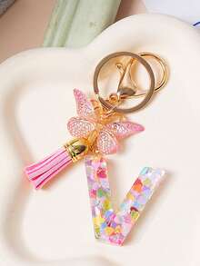 1pc Creative Keychain With 26 English Alphabet & Butterflies Pendant For Girls' Luggage And Bags