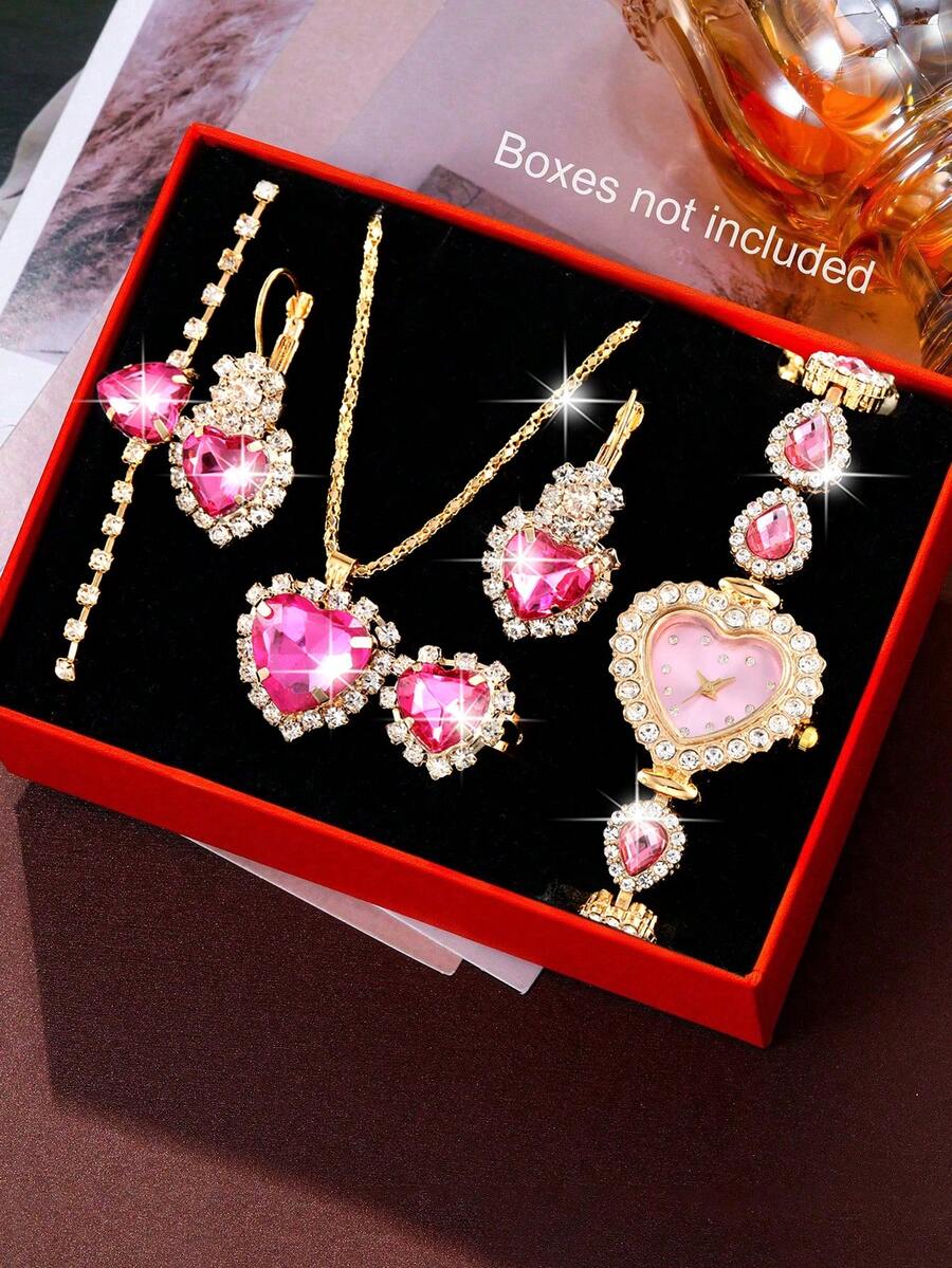 1 Set Damen Uhr mit rosévergoldetem kristallherz-förmigem Gehäuse Quarzuhr, passendes Herz-Anhänger Halskette, Ohrringe, Armband und Ring. Geeignet für den täglichen Gebrauch oder als Geschenk an Freunde und Familie (ohne Geschenkbox) - Heißes Pink - Übersicht 1
