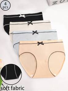 4pcs Women Ribbed Mid-Rise Bow Decor Sexy Cute Panty Set