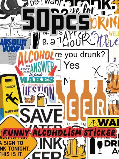 50pcs Funny Alcoholism Stickers Prank Designs For Adults Fun Stickers Single-Use Color Decals Suitable For Phones, Cars, Car Manuals, Diaries, Accessories, Decoration Plastic, Glass, Metal Surface Decorative Decals Perfect As A Fun Gift For Party Decorations