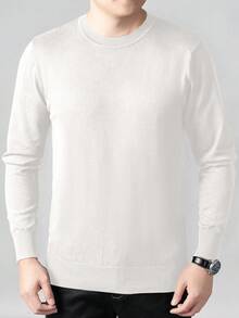 Men's Casual Solid Color Minimalist Crew Neck Long Sleeve Loose Knit Sweater, Lightweight, Autumn/Winter - White - View 2