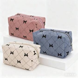 1 pieza Estuche de cosméticos de mujer con estampado de lazo y pincel de lápiz labial, estuche de maquillaje de gran capacidad, artículos de papelería Kawaii, estuche de lápices de pana