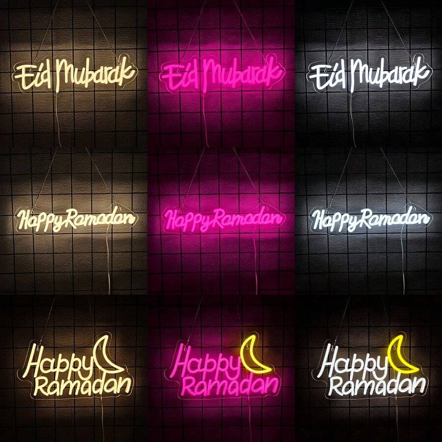 Biển đèn neon chúc mừng Ramadan để trang trí tường, biển đèn LED neon Eid Mubarak để trang trí lễ hội Hồi giáo, với hình trăng khuyết Ramadan Mubarak, đèn LED trang trí Eid, phòng ngủ, phòng khách, đồ dùng cho tiệc Eid Al Fitr, quà tặng cho trẻ em và phụ nữ, sử dụng nguồn USB, dễ dàng treo.