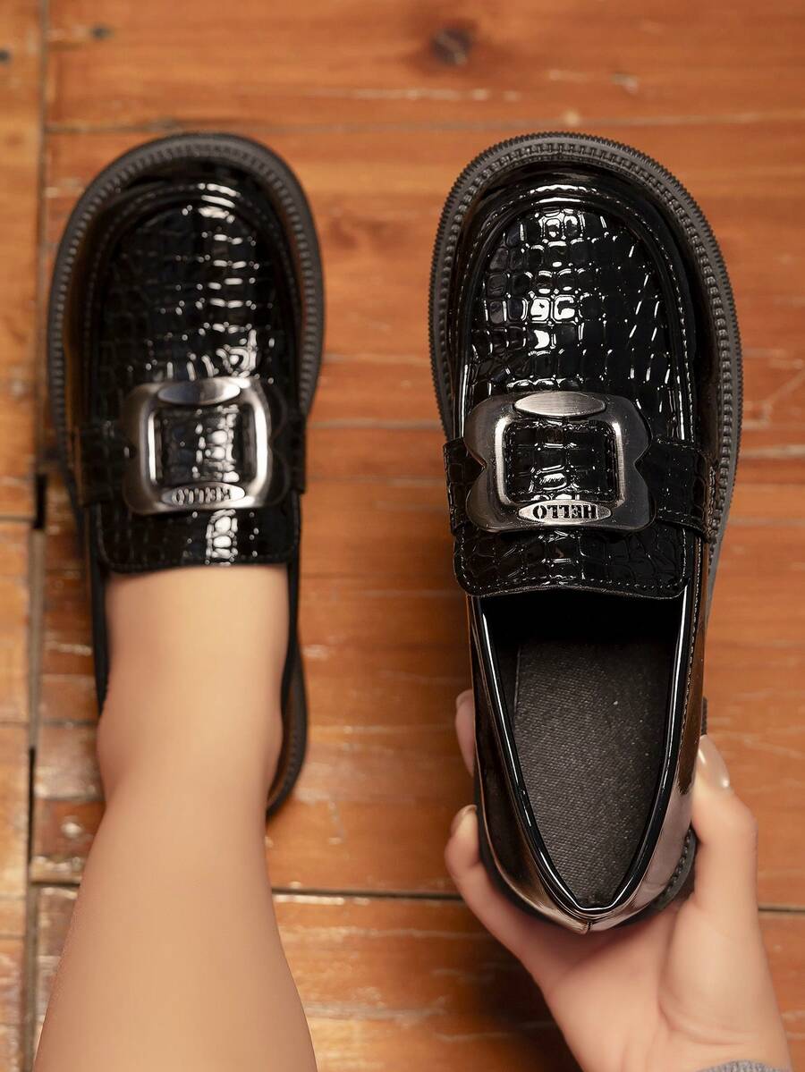 Women's Silver-Gray Metal Buckle Decor Round Toe Black Stone Textured Loafers, Fashionable Korean Style For School/Uniform, Suitable For Teachers/Students/Moms/Office Workers, Casual Chunky Heels - Black - View 1